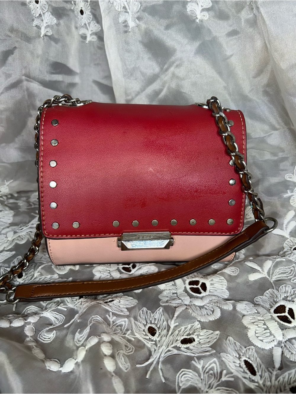 BCBGMaxAzria Red & Blush Studded Chain-Detail Shoulder Bag